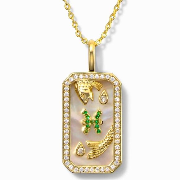 SALE 18k Stamped Gold Filled Pisces Iridescent Horoscope Crystal Necklace - Picture 1 of 10